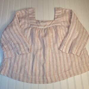 Rachel Zoe 100% Linen pink wht stripe 3/4 length sleeve baby doll blouse sz s